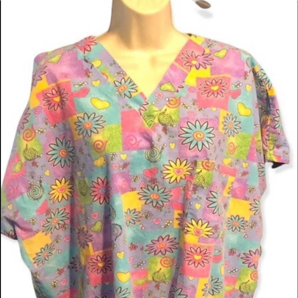 Woman’s artsy colorful Easter heart spring summer nurse scrub top